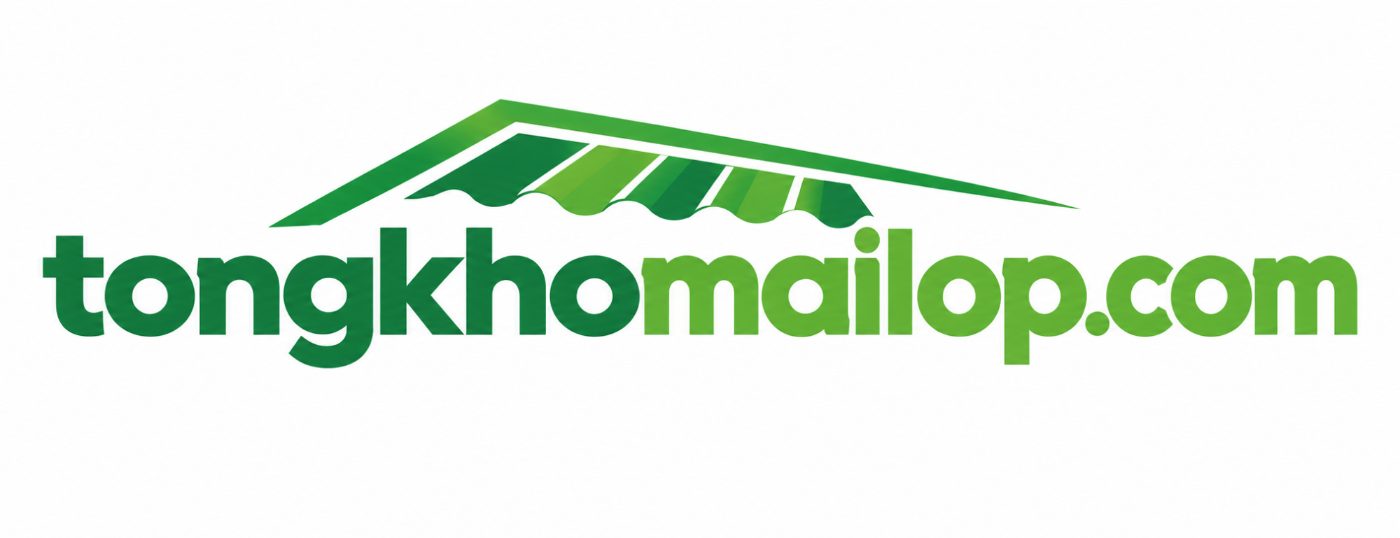 Logo tongkhomailop.com màu xanh lá với mái hiên sọc xanh trên nền trắng